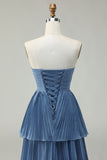 Dusty Blue A-Line Strapless Pleated Tiered Long Bridesmaid Dress with Ruffles