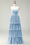 Dusty Blue A-Line Strapless Pleated Tiered Long Bridesmaid Dress with Ruffles