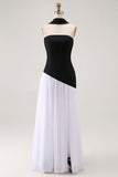 White Black Strapless Sheath Maxi Dress with Slit