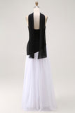 White Black Strapless Sheath Maxi Dress with Slit