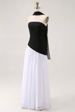 White Black Strapless Sheath Maxi Dress with Slit