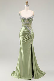 Green Mermaid Spaghetti Straps Ruched Side Slit Corset Prom Dress with Rhinestones