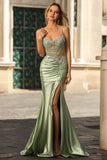 Sparkly Green Mermaid Corset Ruched Side Slit Corset Prom Dress with Rhinestones