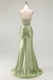 Sparkly Green Mermaid Corset Ruched Side Slit Corset Prom Dress with Rhinestones