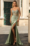 Sparkly Green Mermaid Corset Ruched Side Slit Corset Prom Dress with Rhinestones