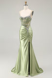 Green Mermaid Spaghetti Straps Ruched Side Slit Corset Prom Dress with Rhinestones