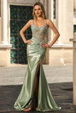 Sparkly Green Mermaid Corset Ruched Side Slit Corset Prom Dress with Rhinestones