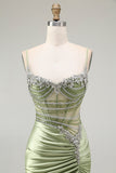 Green Mermaid Spaghetti Straps Ruched Side Slit Corset Prom Dress with Rhinestones