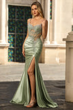 Sparkly Green Mermaid Corset Ruched Side Slit Corset Prom Dress with Rhinestones