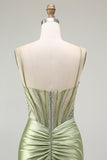 Green Mermaid Spaghetti Straps Ruched Side Slit Corset Prom Dress with Rhinestones
