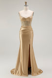 Golden Spaghetti Straps Mermaid Ruched Corset Long Prom Dress with Slit