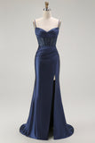 Navy Mermaid Spaghetti Straps Beaded Corset Long Prom Dress with Slit