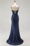 Navy Mermaid Spaghetti Straps Beaded Corset Long Prom Dress with Slit