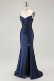Navy Mermaid Spaghetti Straps Beaded Corset Long Prom Dress with Slit