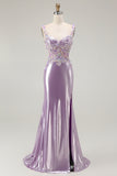 Metallic Lilac Mermaid Corset Spaghetti Straps Long Prom Dress with Appliques