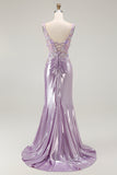 Metallic Lilac Mermaid Corset Spaghetti Straps Long Prom Dress with Appliques