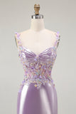 Metallic Lilac Mermaid Corset Spaghetti Straps Long Prom Dress with Appliques