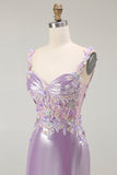 Metallic Lilac Mermaid Corset Spaghetti Straps Long Prom Dress with Appliques