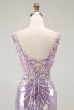 Metallic Lilac Mermaid Corset Spaghetti Straps Long Prom Dress with Appliques