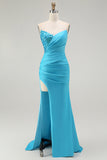 Blue Mermaid Strapless Sequins Pleated Long Prom Dress with Slit