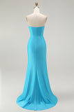 Blue Mermaid Strapless Sequins Pleated Long Prom Dress with Slit