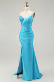 Blue Mermaid Strapless Sequins Pleated Long Prom Dress with Slit