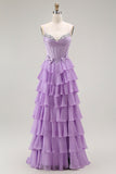 Purple A-Line Spaghetti Straps Tiered Corset Long Prom Dress with Bows