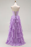 Purple A-Line Spaghetti Straps Tiered Corset Long Prom Dress with Bows