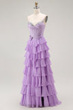 Purple A-Line Spaghetti Straps Tiered Corset Long Prom Dress with Bows