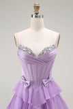 Purple A-Line Spaghetti Straps Tiered Corset Long Prom Dress with Bows