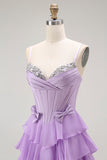 Purple A-Line Spaghetti Straps Tiered Corset Long Prom Dress with Bows