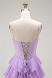 Purple A-Line Spaghetti Straps Tiered Corset Long Prom Dress with Bows