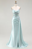 Light Green Mermaid Strapless Beaded Corset Long Prom Dress with Streamer