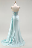 Light Green Mermaid Strapless Beaded Corset Long Prom Dress with Streamer