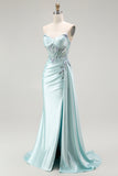 Light Green Mermaid Strapless Beaded Corset Long Prom Dress with Streamer