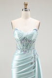 Light Green Mermaid Strapless Beaded Corset Long Prom Dress with Streamer