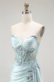 Light Green Mermaid Strapless Beaded Corset Long Prom Dress with Streamer