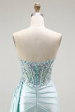 Light Green Mermaid Strapless Beaded Corset Long Prom Dress with Streamer