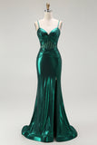 Metallic Dark Green Mermaid Corset Long Prom Dress with Slit