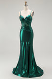 Metallic Dark Green Mermaid Corset Long Prom Dress with Slit