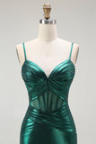 Metallic Dark Green Mermaid Corset Long Prom Dress with Slit