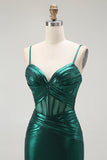 Metallic Dark Green Mermaid Corset Long Prom Dress with Slit