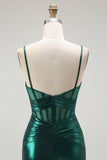 Metallic Dark Green Mermaid Corset Long Prom Dress with Slit