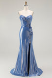 Blue Strapless Beaded Metallic Mermaid Corset Prom Dress with Slit