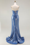 Blue Strapless Beaded Metallic Mermaid Corset Prom Dress with Slit