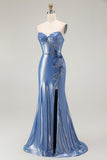 Blue Strapless Beaded Metallic Mermaid Corset Prom Dress with Slit