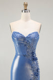Blue Strapless Beaded Metallic Mermaid Corset Prom Dress with Slit