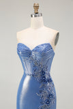 Blue Strapless Beaded Metallic Mermaid Corset Prom Dress with Slit