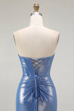 Blue Strapless Beaded Metallic Mermaid Corset Prom Dress with Slit