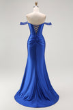 Royal Blue Off The Shoulder Mermaid Corset Ruched Long Prom Dress with Slit
